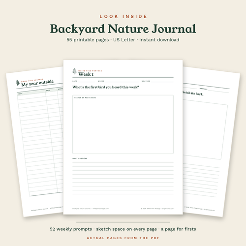 Look inside the Backyard Nature Journal: actual pages from the PDF, including a weekly prompt page