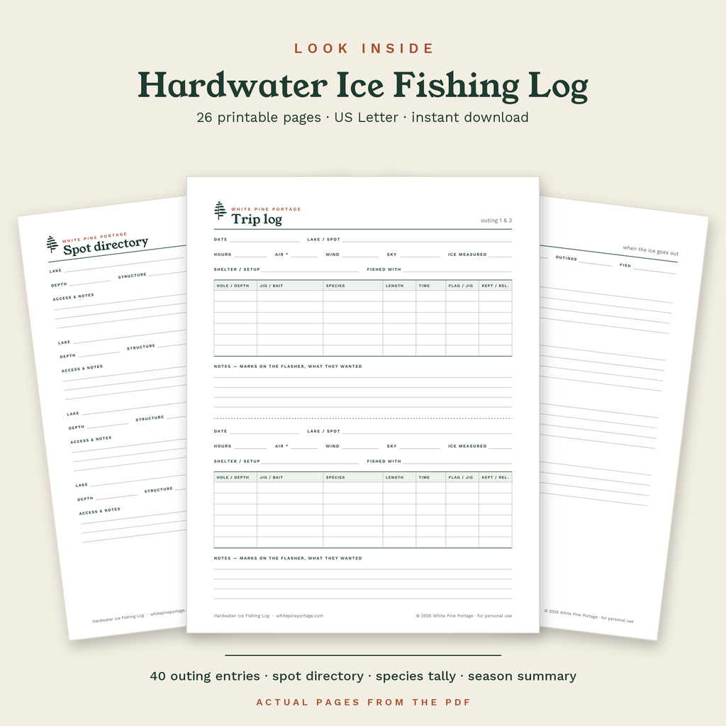 Look inside the Hardwater Ice Fishing Log: actual pages from the PDF, including the trip log and spot directory