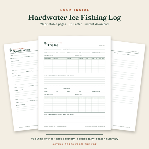 Look inside the Hardwater Ice Fishing Log: actual pages from the PDF, including the trip log and spot directory