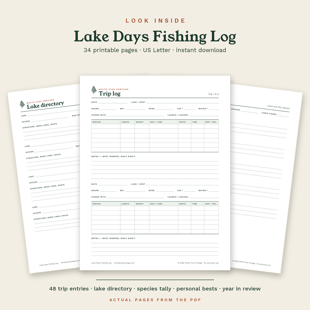 Look inside the Lake Days Fishing Log: actual pages from the PDF, including the trip log and lake directory