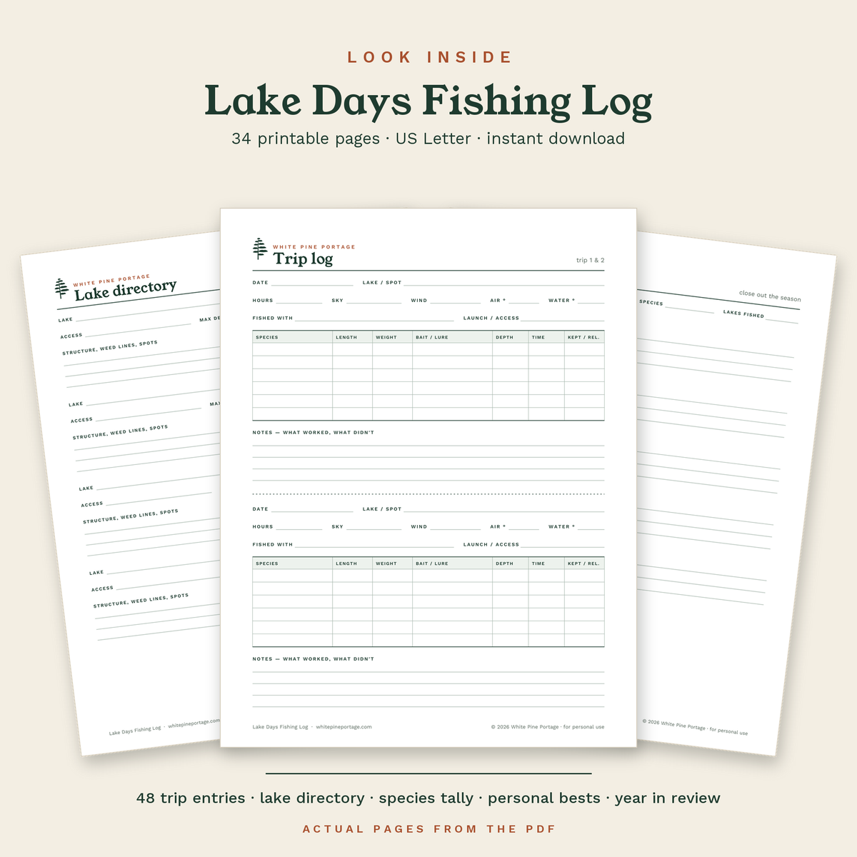 Look inside the Lake Days Fishing Log: actual pages from the PDF, including the trip log and lake directory