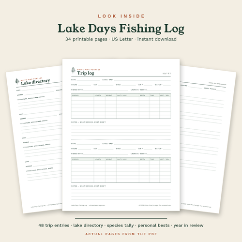 Look inside the Lake Days Fishing Log: actual pages from the PDF, including the trip log and lake directory