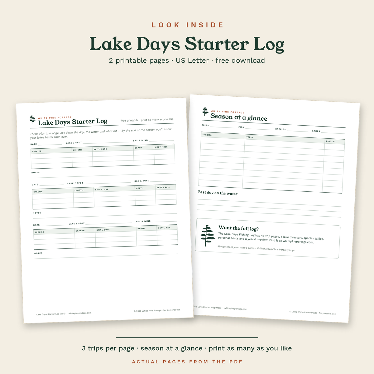 Look inside the free Lake Days Starter Log: both pages of the PDF, side by side