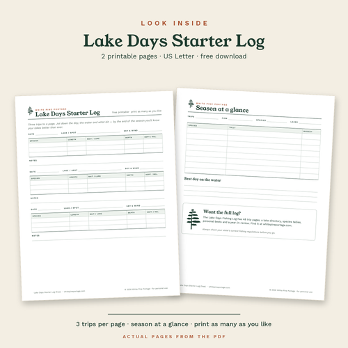 Look inside the free Lake Days Starter Log: both pages of the PDF, side by side