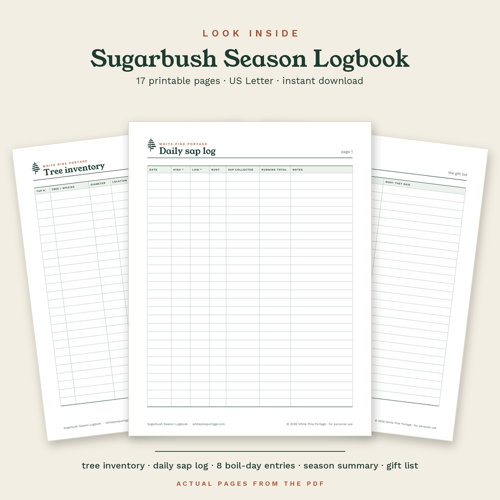 Look inside the Sugarbush Season Logbook: actual pages from the PDF, including the daily sap log and tree inventory
