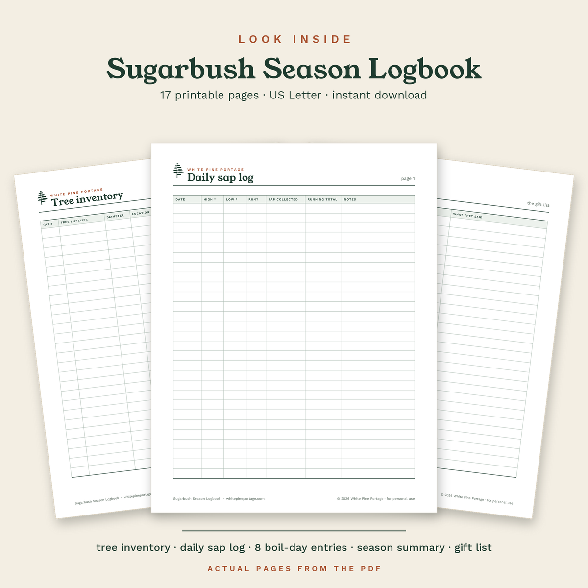 Look inside the Sugarbush Season Logbook: actual pages from the PDF, including the daily sap log and tree inventory